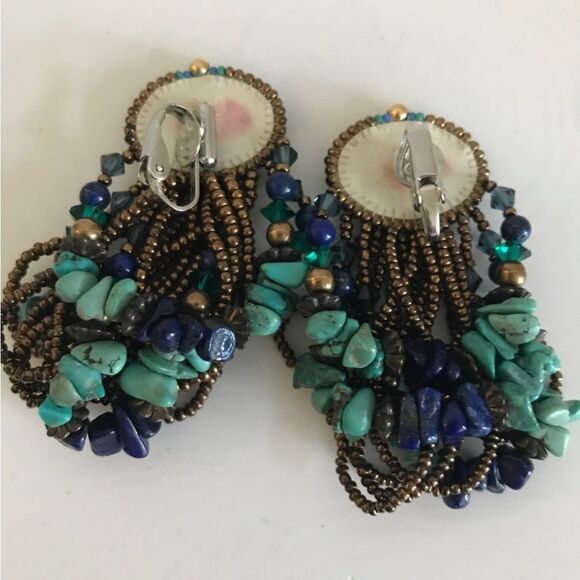 Vintage 80’s Turquoise & Blue Long Drop Clip On Earrings with Gold Tone Beads. - Picture 5 of 10